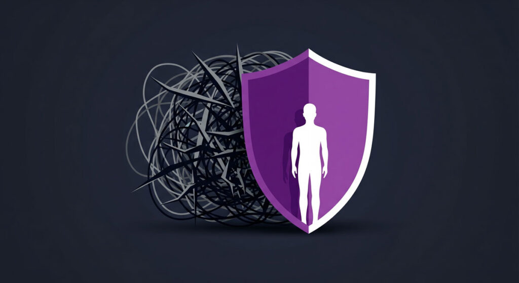 A purple shield with a human figure in white inside over chaos